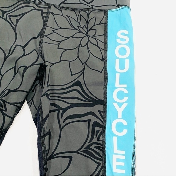 SoulCycle Grey Black Blue Floral Mesh Cutout Cropped Spin Athletic Leggings - Picture 2 of 7